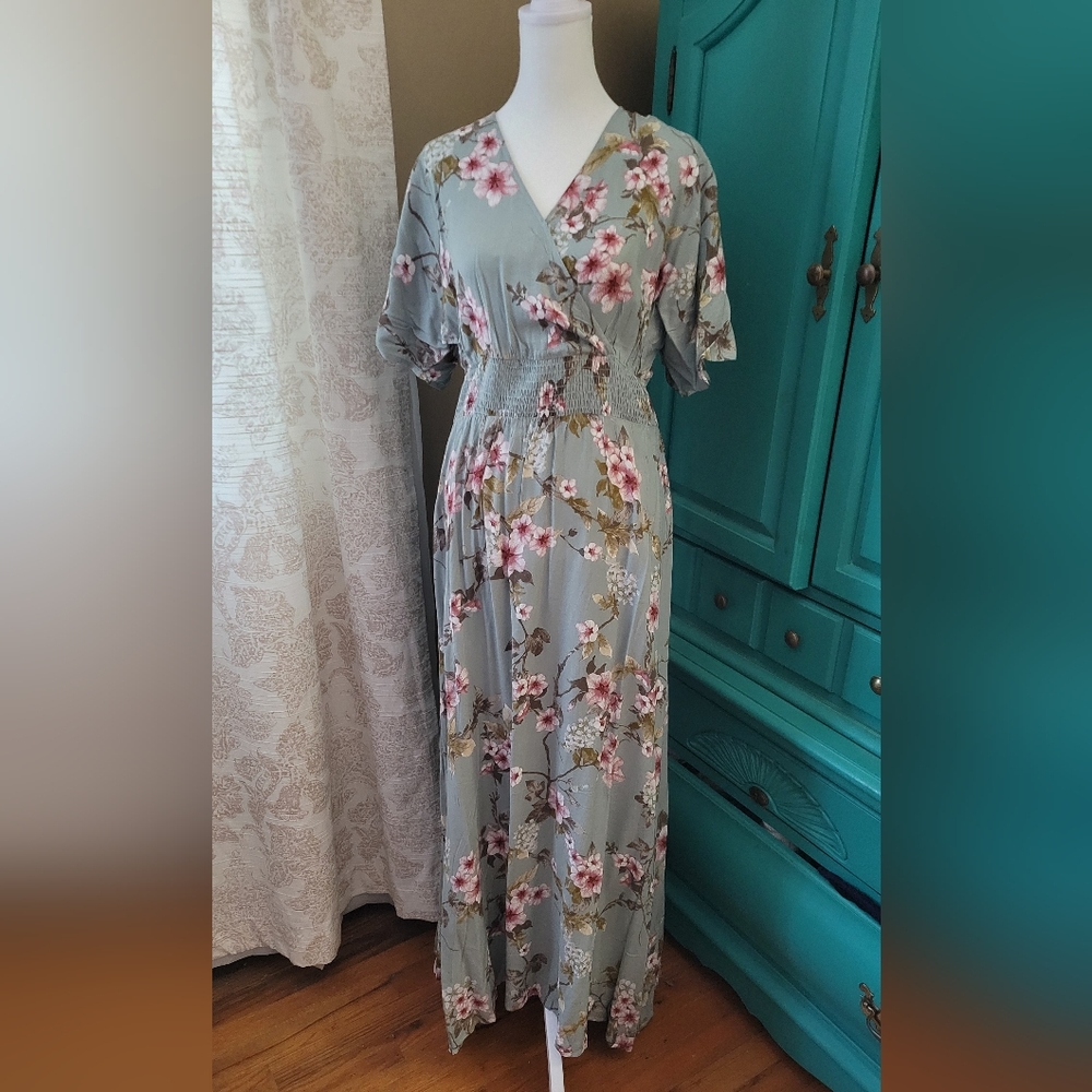 ODDY Light Green and Pink Floral Maxi Dress